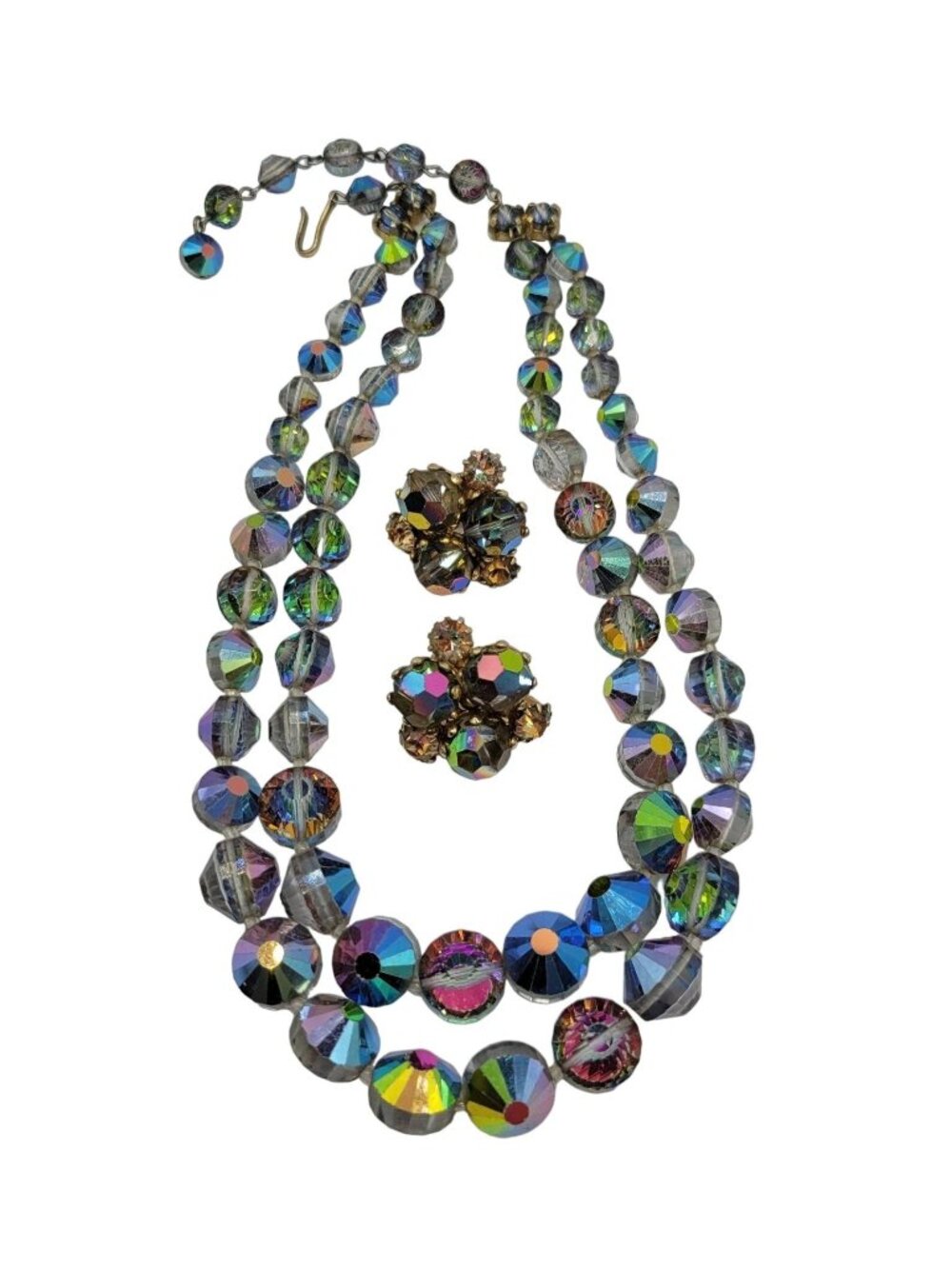 SIGNED Castlecliff Aurora Borealis Cystal Rivoli Necklace and Earring Set